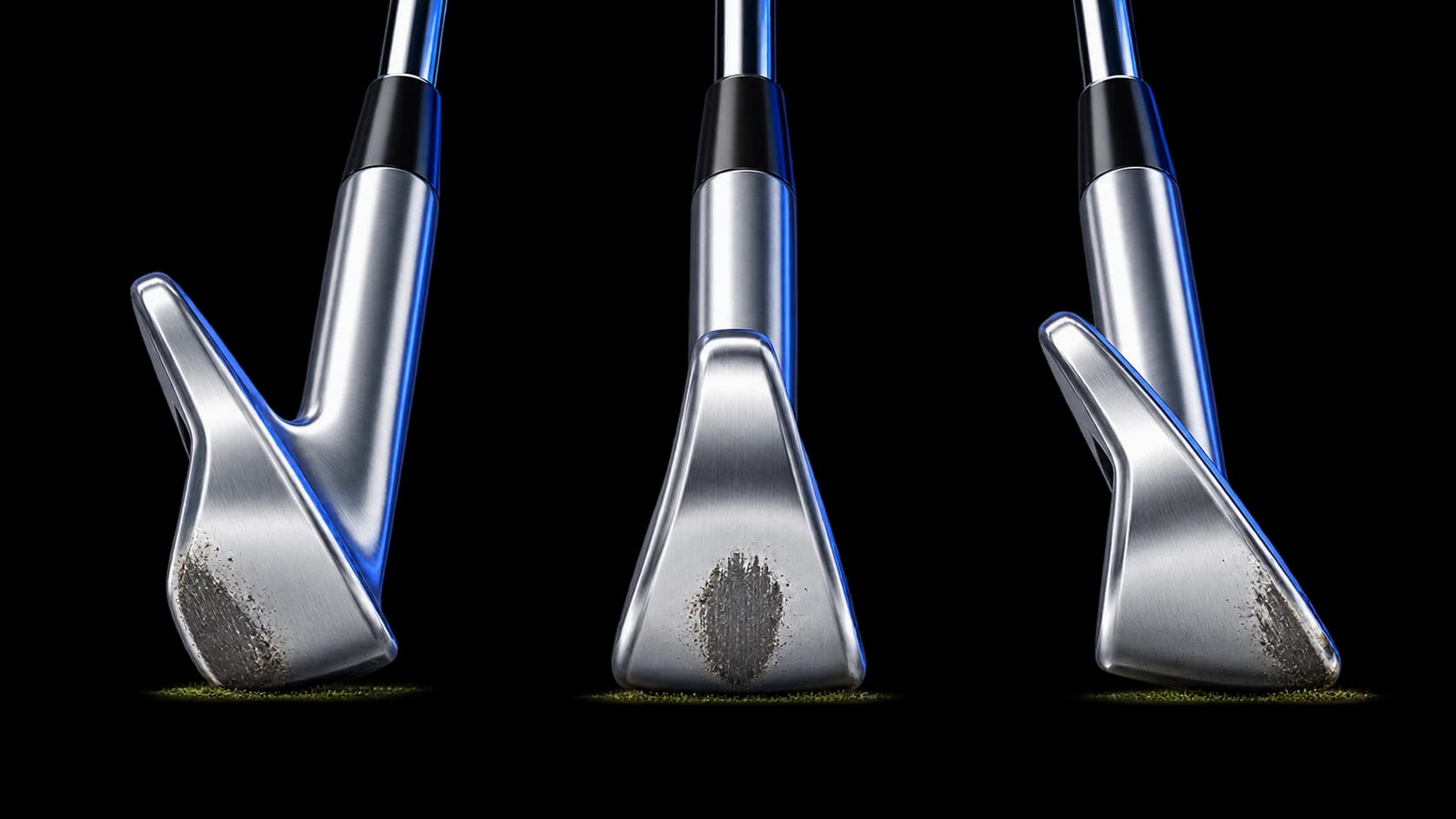 Three iron heads showing heel-side, centred, and toe-side sole marks