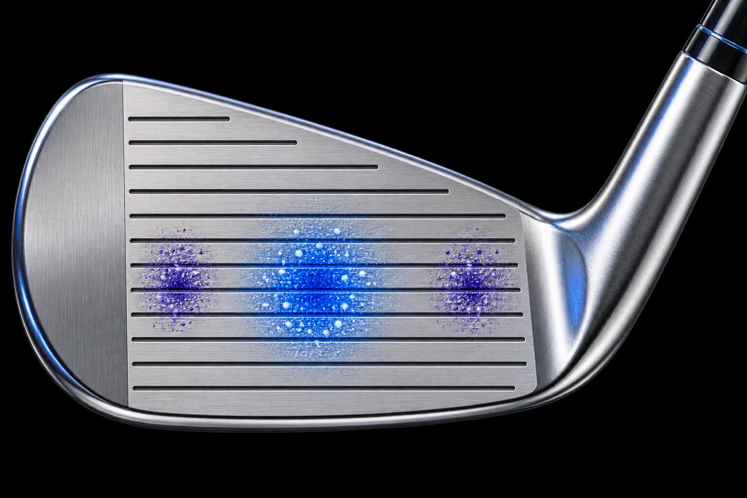 A straight-on iron face showing separated heel, centre, and toe strike clusters
